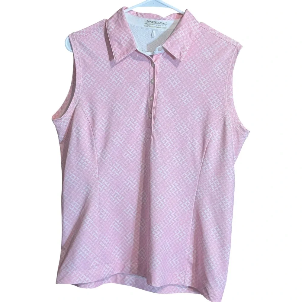 Nike Golf Womens Pink Houndstooth Sleeveless Polo Shirt Fit Dry Large 12-14 - Picture 1 of 8